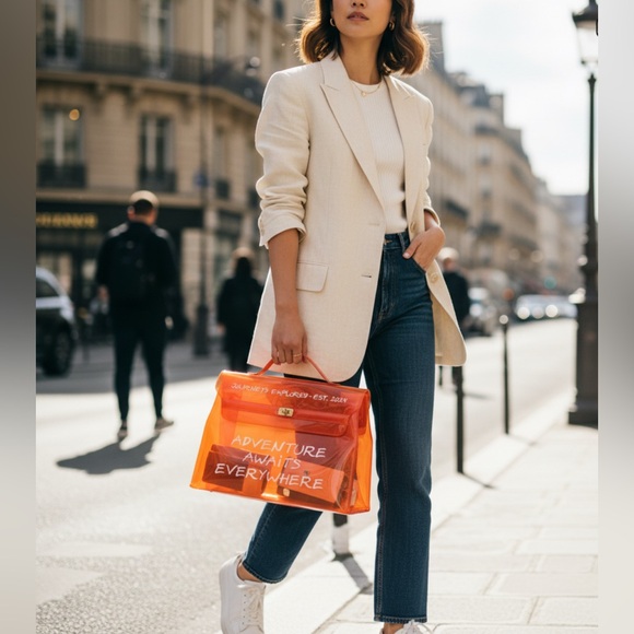 HERMES Vinyl Kelly Hand Bag Vinyl Orange - Picture 2 of 11